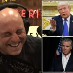 Joe Rogan rindo com fones de ouvido e um microfone na frente dele, com