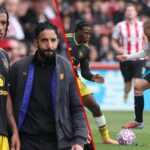 O gerente do Manchester United, Ruben Amorim, fica com Kobbie Manoo e Leny Yoro enquanto esperam para entrar durante a partida da Premier League entre Brentford e Manchester United no Gtech Community Stadium em 2025 em Brentford, Inglaterra.