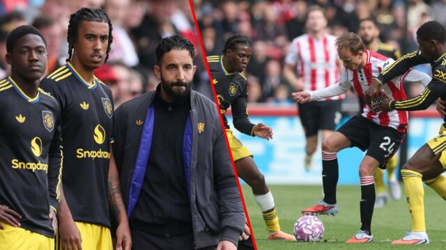 O gerente do Manchester United, Ruben Amorim, fica com Kobbie Manoo e Leny Yoro enquanto esperam para entrar durante a partida da Premier League entre Brentford e Manchester United no Gtech Community Stadium em 2025 em Brentford, Inglaterra.