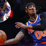 Jordan Clarkson, que marcou sete pontos, dirige para a cesta durante a vitória da pré-temporada de 113 a 104 dos Knicks sobre o 76ers em 4 de outubro de 2025.