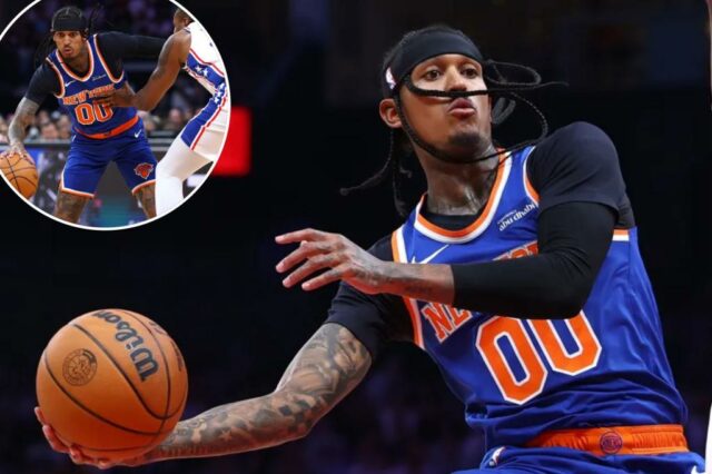 Jordan Clarkson, que marcou sete pontos, dirige para a cesta durante a vitória da pré-temporada de 113 a 104 dos Knicks sobre o 76ers em 4 de outubro de 2025.
