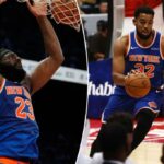 Karl-Anthony Towns em ação com Adem Bona durante o jogo da NBA entre o New York Knicks e o Philadelphia 76ers.