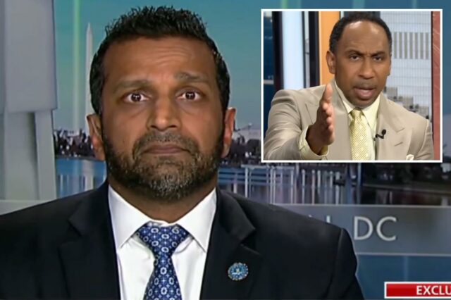 Kash Patel, identificado como diretor do FBI, e Laura Ingraham na Fox News discutindo sobre um apresentador da ESPN culpando Trump por um escândalo da NBA.