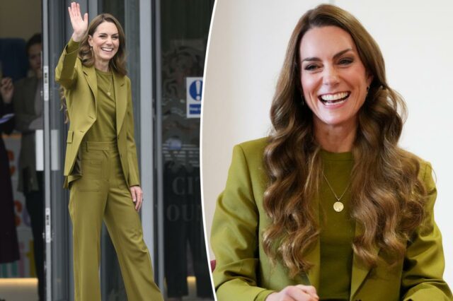 Kate Middleton apoia a amiga Victoria Beckham em terno verde-amarelado para passeio surpresa


