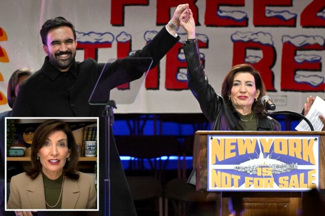 Kathy Hochul admite que o plano do socialista Zohran Mamdani Zohran Mamdani e a governadora Kathy Hochul de mãos dadas no ar no comício 'Nova York não está à venda'.