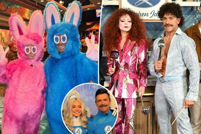 Kelly Ripa e Mark Consuelos canalizam pesadelos de Labubu no Kelly Ripa e Mark Consuelos canalizam pesadelos de Labubu no Halloween de 2025