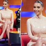 Kim Kardashian mostra suas curvas em látex e renda no 'Graham Norton Show'