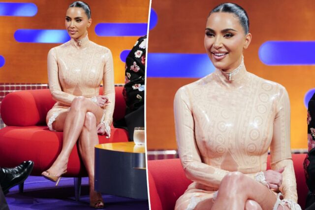 Kim Kardashian mostra suas curvas em látex e renda no 'Graham Norton Show'

