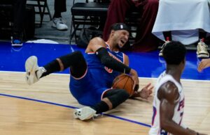 Knicks Pregando ‘Cuidado’ com Josh Hart Atualização de lesões Josh Hart, do New York Knicks, reage quando ele cai durante a primeira metade de um jogo de basquete na pré -temporada da NBA contra o Philadelphia 76ers, quinta -feira, 2 de outubro de 2025, em Abu Dhabi, Emirados Árabes Unidos.