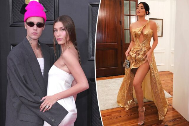 Kylie Jenner defende o vestido dourado que roubou os holofotes que ela usou no casamento de Hailey e Justin Bieber


