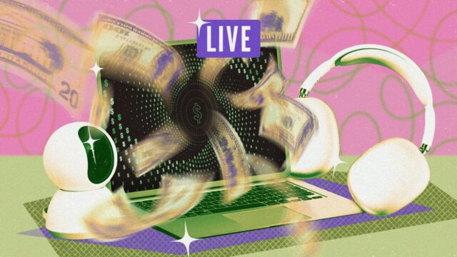 Um laptop com um vórtice de notas de dólar e uma câmera e um fone de ouvido sendo sugados com a palavra 