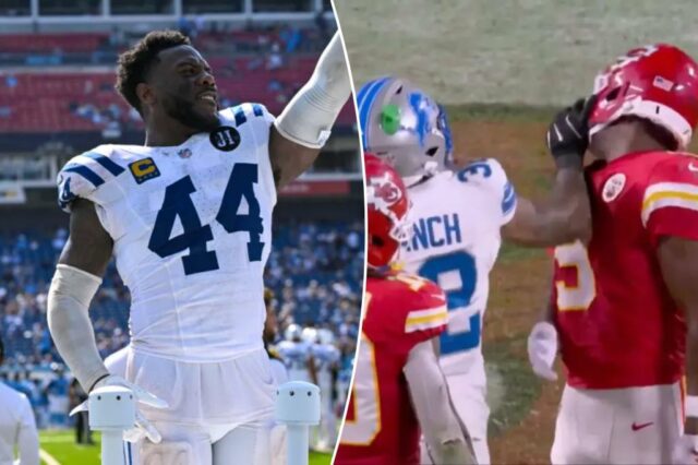 O linebacker do Indianapolis Colts, Zaire Franklin, aponta o dedo para cima enquanto está na lateral de um campo de futebol.