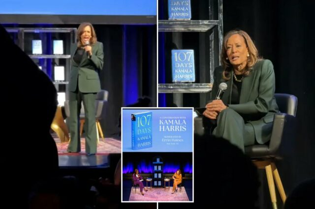 Manifestantes interrompem o evento da turnê do livro de Kamala Harris em Chicago, forçando várias remoções

