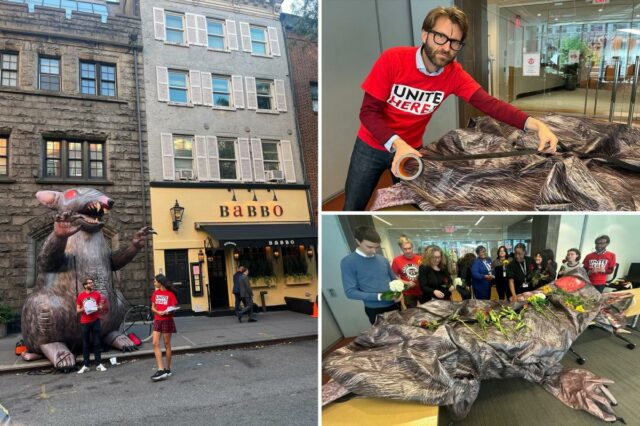 Mascote de 'Scabby the Rat' é remendado após corte em Mascote de 'Scabby the Rat' é remendado após corte em Nova York - e se prepara para retorno