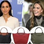 Bolsa Longchamp preta com detalhes em couro marrom.