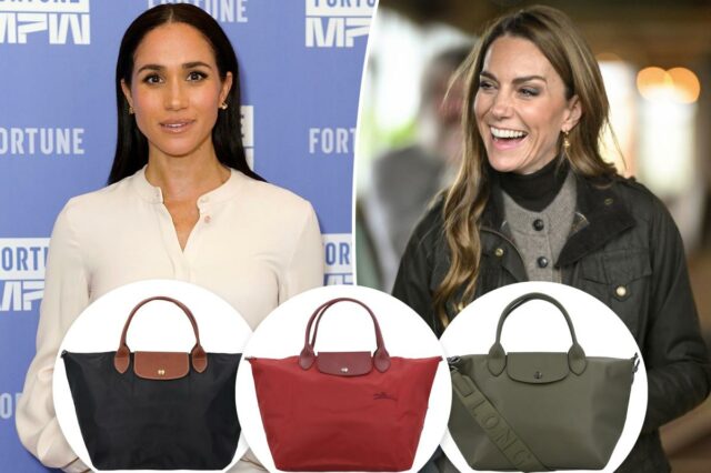 Bolsa Longchamp preta com detalhes em couro marrom.
