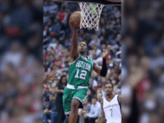 Terry Rozier, da NBA, se declara inocente e foi libertado sob fiança de US$ 3 milhões O guarda do Miami Heat, Terry Rozier, 'preso pelo FBI' em meio a uma investigação de jogos de azar ilegais, já que os ganhos na carreira chegam a US $ 160 milhões. A NBA emitiu um memorando urgente a todas as 30 equipas, sublinhando que “mais pode ser feito” para proteger a integridade do jogo, após o escândalo de jogo que abalou a liga. Um jogador de basquete com uniforme verde do Boston Celtics, vestindo o número 12, dirige até a cesta para fazer uma bandeja durante um jogo contra o Washington Wizards.