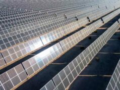 Quanto do boom dos data centers de IA será alimentado por energia renovável? Rows of solar panels face the sunlight in Nevada.