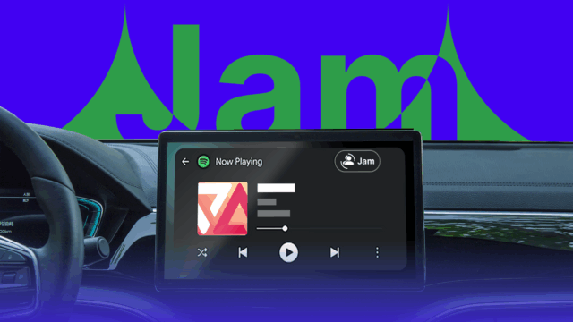 Meu recurso favorito do Spotify acabou de chegar ao Android Interface do Android Auto mostrando o Spotify tocando no painel de um carro, com um mascote 3D do Android usando fones de ouvido e notas musicais flutuando.