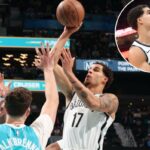 Michael Porter Jr. atira um flutuador durante a derrota do Nets por 136-117 para o Hornets em 22 de outubro de 2025.