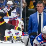 Jonny Brodzinski verifica Linus Karlsson durante o terceiro período da vitória do Rangers por 2 a 0 sobre os Canucks em 28 de outubro de 2025.