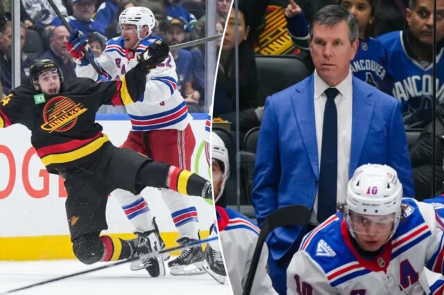 Mike Sullivan opta por veteranos na remodelação da escalação do Jonny Brodzinski verifica Linus Karlsson durante o terceiro período da vitória do Rangers por 2 a 0 sobre os Canucks em 28 de outubro de 2025.