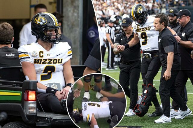 Missouri QB Beau Pribula foi expulso do campo com uma O quarterback do Missouri, Beau Pribula (9), é auxiliado fora do campo pela equipe médica.