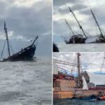 Momento icônico réplica do navio Cristóvão Colombo afunda na costa da cidade turística mexicana