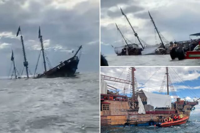Momento icônico réplica do navio Cristóvão Colombo afunda na costa da cidade turística mexicana


