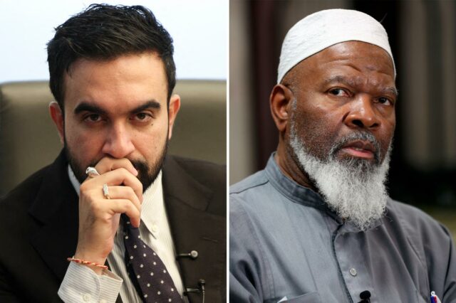 Zohran Mamdani com um Imam e outro indivíduo.