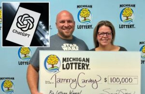 Mulher de Michigan ganha um pote Powerball de US$ 100 mil usando números gerados pelo ChatGPT Tammy Carvey segurando um cheque da loteria de Michigan no valor de US$ 100.000.