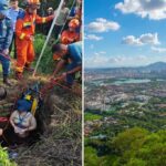 As equipes de resgate abaixando uma pessoa em um poço abandonado para resgatar uma mulher de 48 anos.