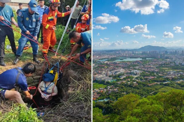 As equipes de resgate abaixando uma pessoa em um poço abandonado para resgatar uma mulher de 48 anos.