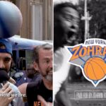 Uma ilustração do logotipo “New York Zohran”, semelhante ao logotipo do New York Knicks, sobreposto a uma imagem borrada em preto e branco de uma pessoa.