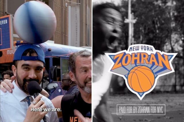 Uma ilustração do logotipo “New York Zohran”, semelhante ao logotipo do New York Knicks, sobreposto a uma imagem borrada em preto e branco de uma pessoa.