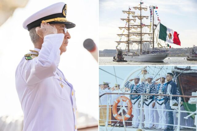 Navio naval mexicano que colidiu com o Brooklyn Bridge finalmente navega para casa de Nova York

