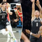 Egor Demin # 8 do Brooklyn Nets dá um chute sobre Nickeil Alexander-Walker # 7 do Atlanta Hawks durante o primeiro tempo, quando o Brooklyn Nets jogou contra o Atlanta Hawks na quarta-feira, 29 de outubro de 2025, no Barclays Center em Brooklyn, NY.
