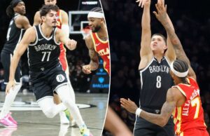 Nets reserva duas escolhas de primeira rodada no último quarto de tentativa de retorno fracassada Egor Demin # 8 do Brooklyn Nets dá um chute sobre Nickeil Alexander-Walker # 7 do Atlanta Hawks durante o primeiro tempo, quando o Brooklyn Nets jogou contra o Atlanta Hawks na quarta-feira, 29 de outubro de 2025, no Barclays Center em Brooklyn, NY.