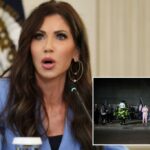 A secretária de Segurança Interna dos EUA, Kristi Noem, fala durante uma mesa redonda na Sala de Jantar de Estado da Casa Branca em 8 de outubro de 2025 em Washington, DC.