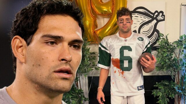 O comediante Benedict Polizzi zomba de Mark Sanchez esfaqueando com mark-sanchez-Benedict-Polizzi-ig-getty-