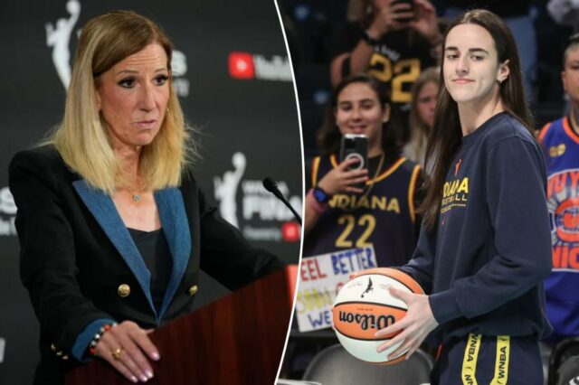 A comissária da WNBA, Cathy Engelbert, fala em um pódio.