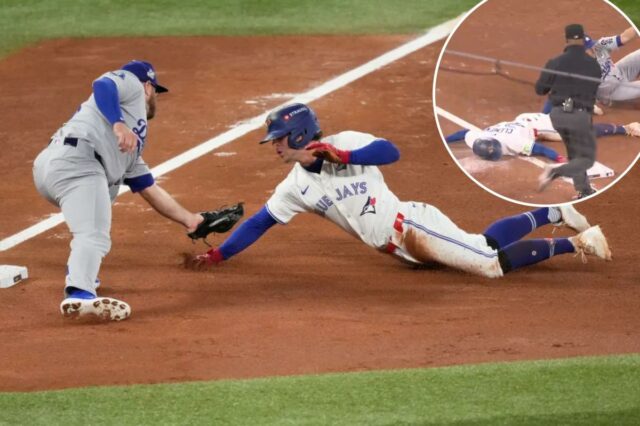 O erro de Ernie Clement custou Blue Jays no início Ernie Clement, do Toronto Blue Jays, é eliminado pelo terceiro base do Los Angeles Dodgers, Max Muncy.