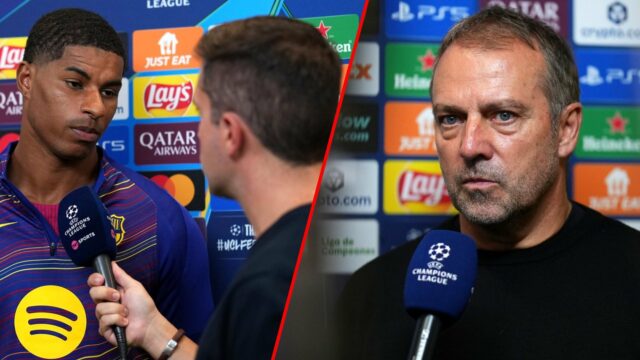 O filme de Hansi fala com a mídia após a derrota da equipe na partida da Liga dos Campeões entre Barcelona e Paris Saint-Germain no Estádio Olímpico da Lluis Companys em 2025 em Barcelona, ​​Espanha.