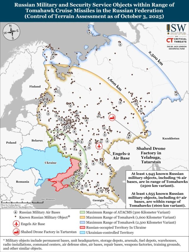 O mapa revela onde os alvos russos podem ser arruinados com mísseis Tomahawk 

