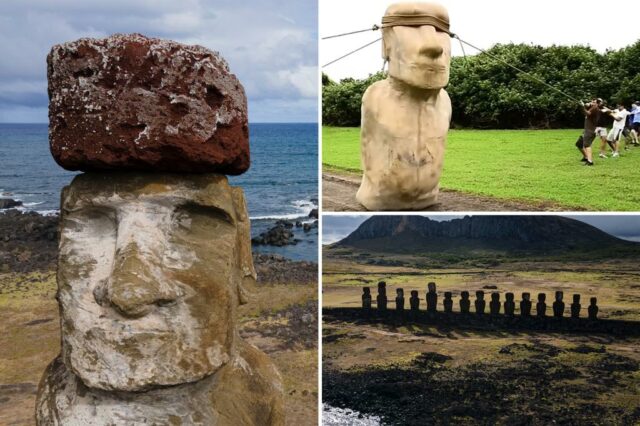 O mistério da Ilha de Páscoa pode ser resolvido quando os cientistas sugerem que quase 1.000 estátuas de 80 toneladas ‘caminharam’ 16 quilômetros até o local antigo

