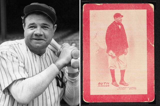 O primeiro cartão de beisebol de Babe Ruth, emitido em Cartão de beisebol Baltimore News Babe Ruth de 1914 classificado como SGC 3 VG