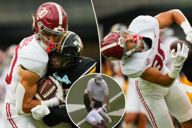 O receptor do Alabama, Derek Meadows, sofre uma concussão após receber um golpe terrível

