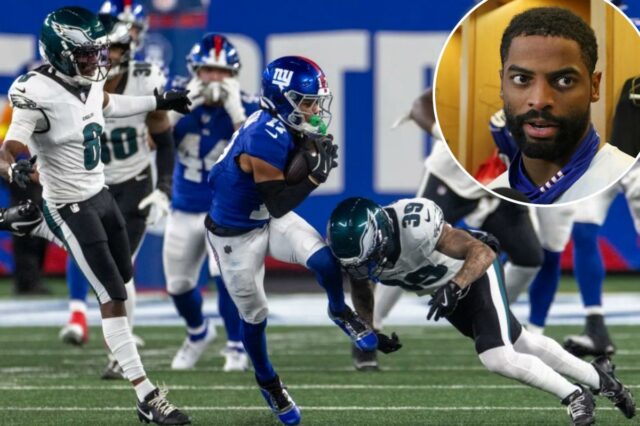 O retorno de Darius Slayton aos Giants deve aliviar o Wan'Dale Robinson (17) é abordado por Philadelphia Eagles Marcus Epps no segundo tempo no MetLife Stadium quinta-feira, 9 de outubro de 2025, em East Rutherford, NJ.