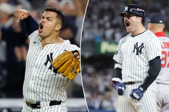     Austin Wells (28) do New York Yankees comemora depois de acertar um single do RBI durante o oitavo turno contra o Boston Red Sox durante o segundo jogo da rodada curinga dos playoffs de 2025 MLB no Yankee Stadium. 