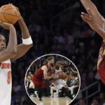 OG Anunoby, que marcou 24 pontos, salta sobre Evan Mobley durante a vitória dos Knicks por 119-111 sobre os Cavaliers no Madison Square Garden em 22 de outubro de 2025.